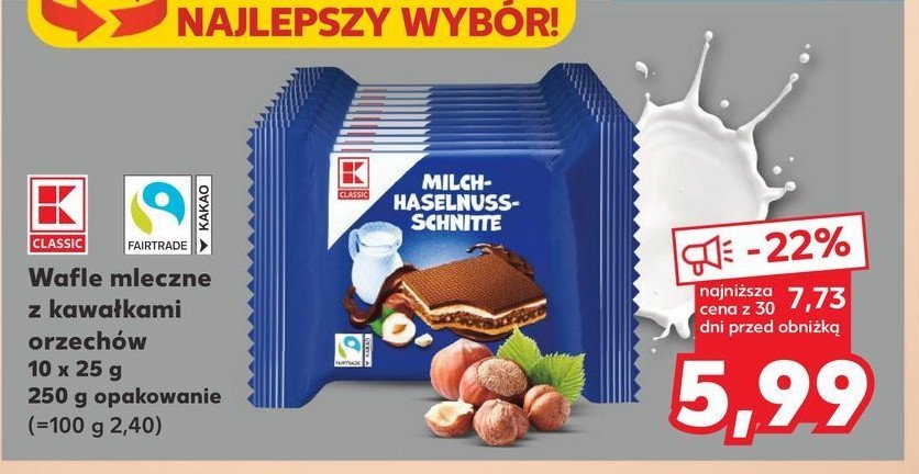 Wafle mleczne z kawałkami orzechów K-classic promocja w Kaufland