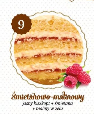 Tort 艣mietanowo-malinowy (jasny biszkopt + 艣mietana + maliny w 偶elu) Ciastkarnia Natalia i Szymon promocja w TOPAZ