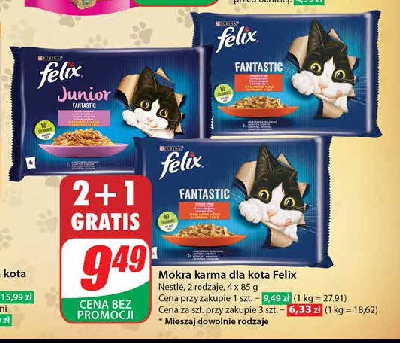 Karma dla kota kurczak + łosoś Purina felix junior promocja w Dino