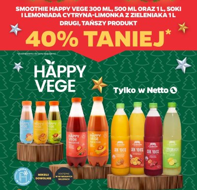 Smoothie Happy Vege 300 ml, 500 ml i 1 l, soki i lemoniada cytryna-limonka z zieleniaka 1 l DRUGI -40% promocja w Netto