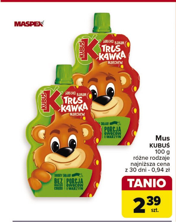 Mus jabłko truskawka banan Kubuś bio mus 100% promocja