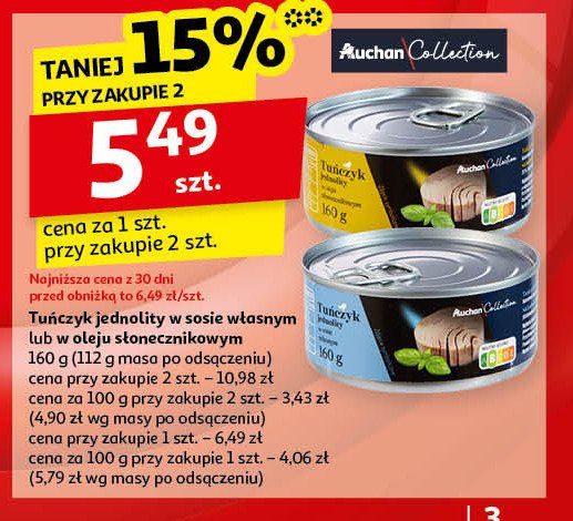 Tuńczyk jednolity w sosie własnym Auchan wyjątkowe (logo złote) promocja