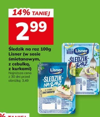 Śledzie na raz 100g Lisner (w sosie śmietanowym, z cebulką, z kaszką) promocja w Hitpol
