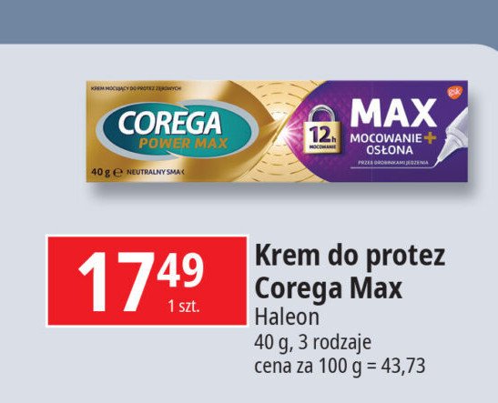 Krem mocujący do protez mocowanie i osłona Corega power max promocja w Leclerc