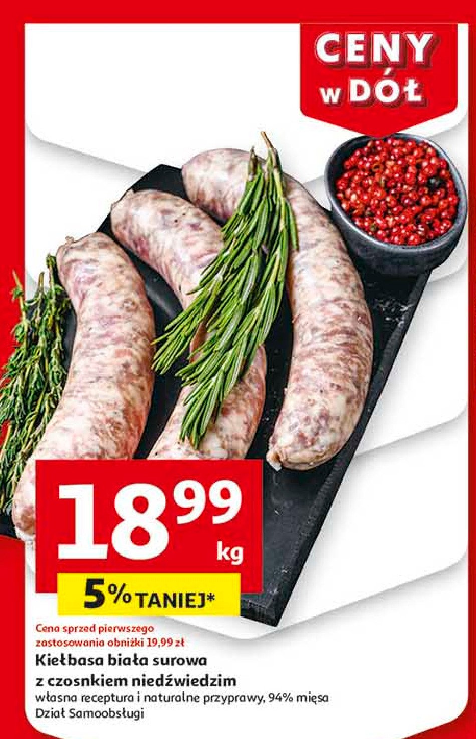 Kiełbasa biała surowa czosnkowa promocja w Auchan