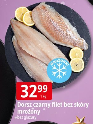 Dorsz czarny filet bez skóry mrożony bez glazury promocja w Leclerc