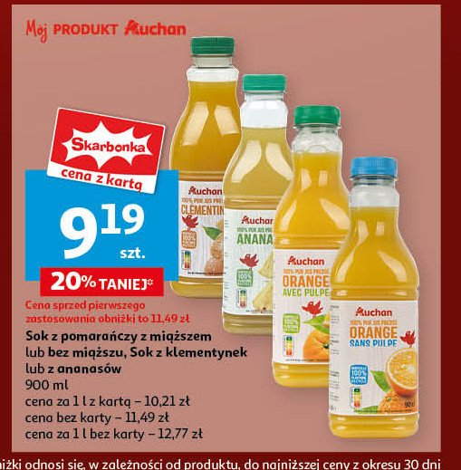 Sok pomarańczowy z miąższem Auchan różnorodne (logo czerwone) promocja