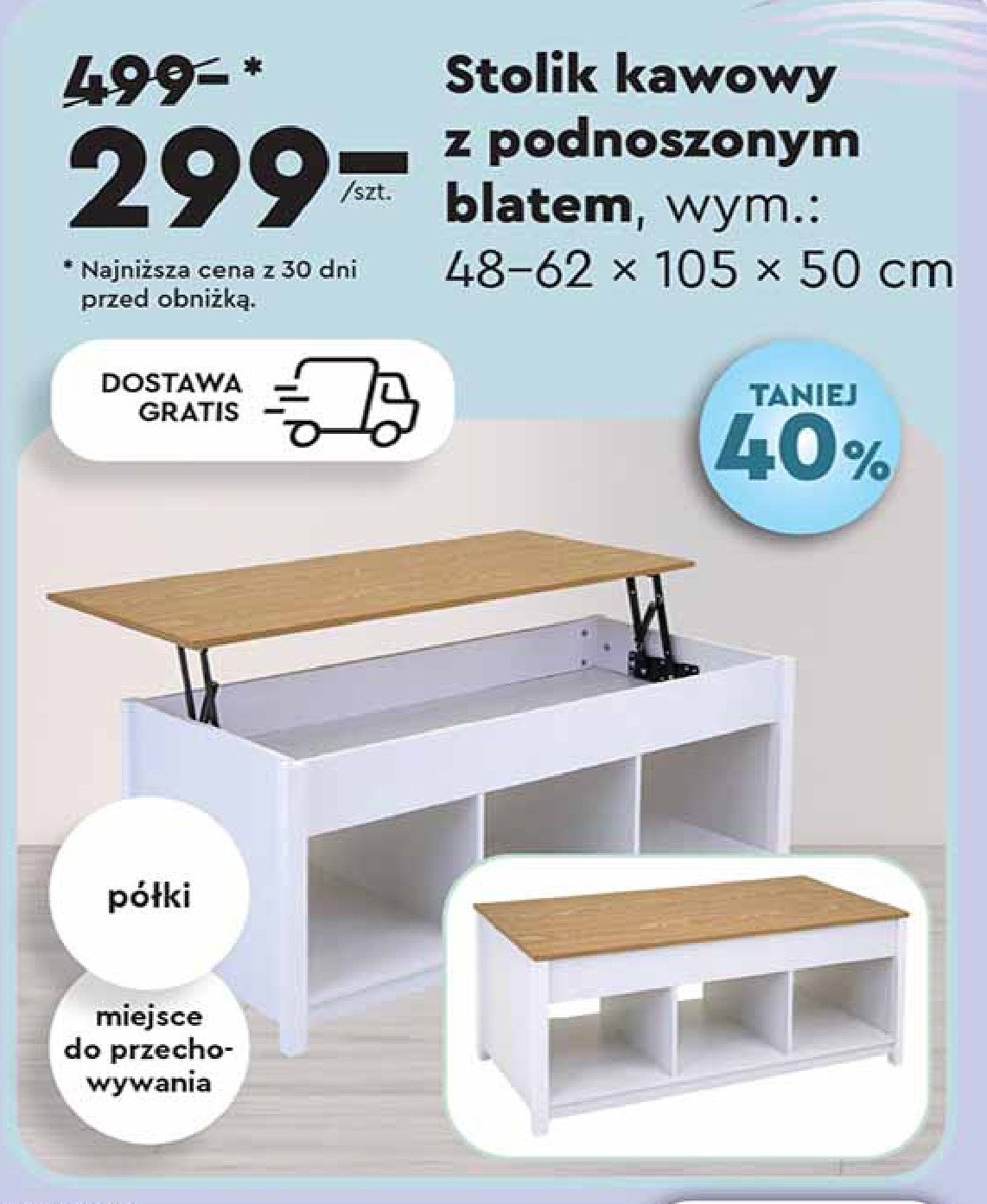 Stolik z podnoszonym blatem 48-62 x 105 x 50 cm promocja