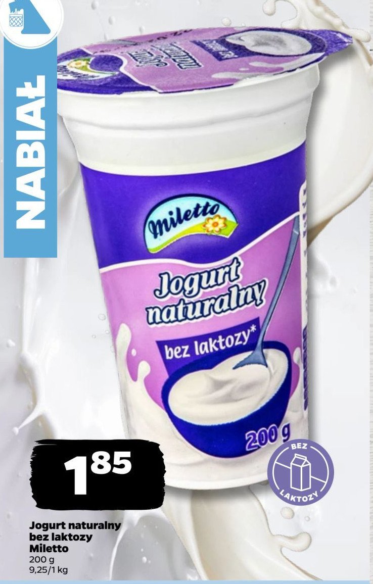 Jogurt naturalny bez laktozy 0% Miletto promocja