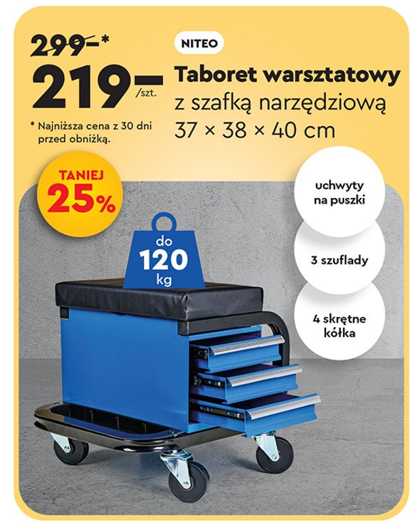 Taboret warsztatowy 37 x 38 x 40 cm Niteo tools promocja