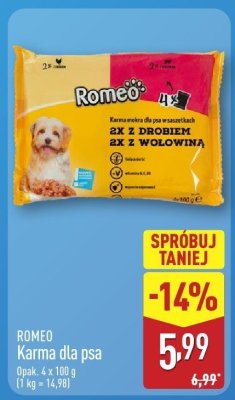 Karma dla psa Romeo 2x z drobiem 2x z wołowiną promocja w Aldi