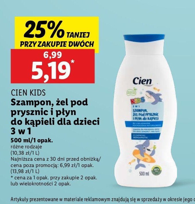 Szampon, żel pod prysznic i płyn do kąpieli 3w1 niebieski Cien kids promocja w Lidl