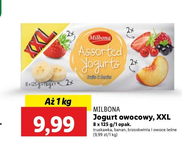 Jogurt truskawkowy + brzoskwiniowy + owoców leśnych Milbona promocja