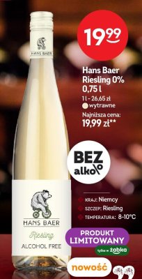 Wino Hans Baer Riesling 0% 0,75l promocja w Żabka
