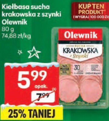 Kiełbasa sucha krakowska z szynki Olewnik promocja w Delikatesy Centrum