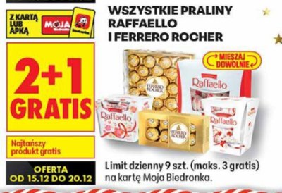 Praliny Raffaello i Ferrero Rocher wszystkie rodzaje 2+1 GRATIS promocja w Biedronka