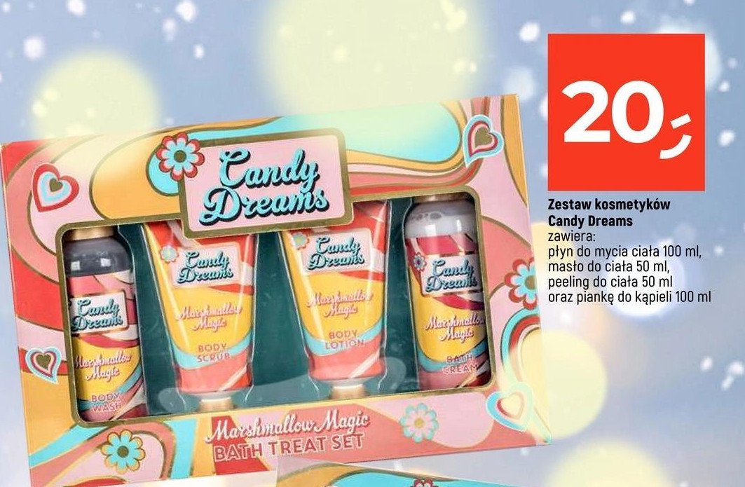 Zestaw candy dreams: płyn do mycia ciała 100 ml + pianka do kąpieli 100 ml + masło do ciała 50 ml + peeling do ciała 50 ml promocja