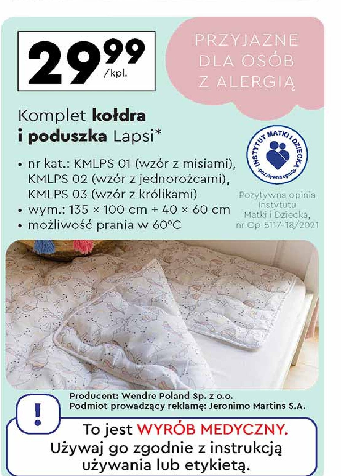 Kołdra dziecięca 100 x 135 cm + poduszka 40 x 60 cm lapsi Dada promocja