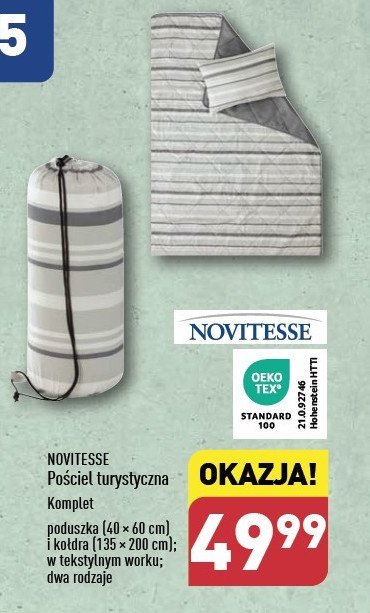 Pościel turystyczna poduszka 40 x 60 cm + kołdra 135 x 200 cm Novitesse promocja