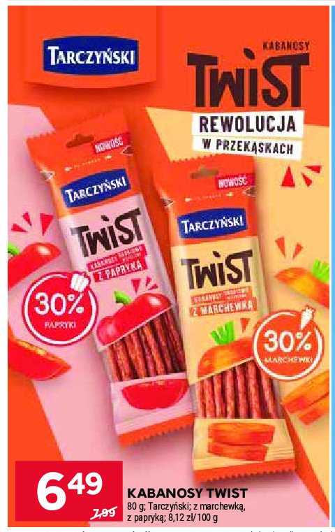 Kabanosy drobiowo- wieprzowe z marchewką Tarczyński twist promocja w Stokrotka