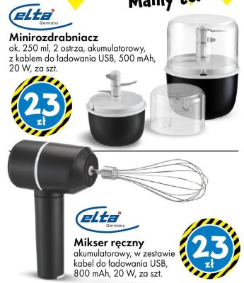 Minirozdrabniacz Elta ok. 250 ml, 2 ostrza, akumulatorowy, z kablem do ładowania USB, 500 mAh, 20 W promocja w Tedi