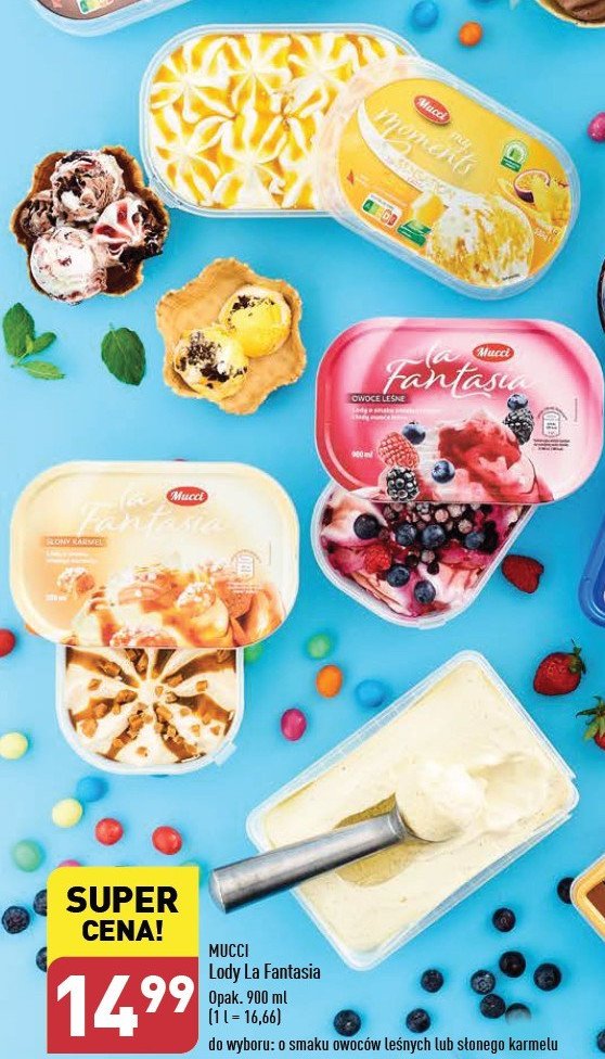 Lody waniliowe z sosem brzoskwinia-marakuja z płatkami białej czekolady Mucci promocja w ABC