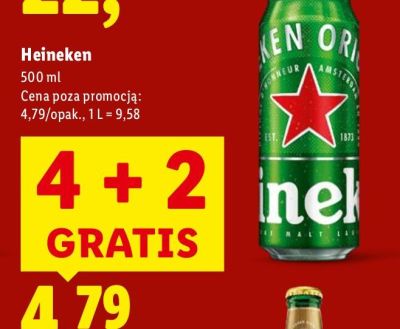 Piwo Heineken 500 ml 4+2 GRATIS promocja w Lidl