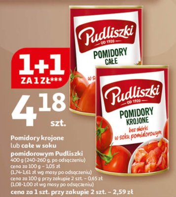 Pomidory krojone lub całe w soku pomidorowym Pudliszki promocja w Auchan