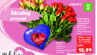 Praliny mleczne z orzechowym nadzieniem 165 g + bukiet róż 13 szt. Milka promocja w Carrefour