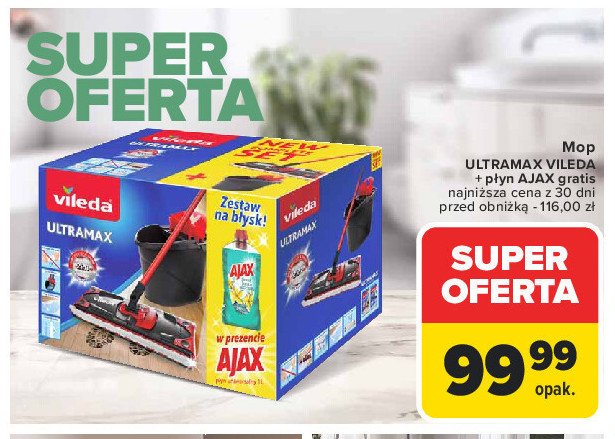 Mop ultramax + wiadro z wyciskaczem 10 l + płyn ajax 1 l Vileda promocja