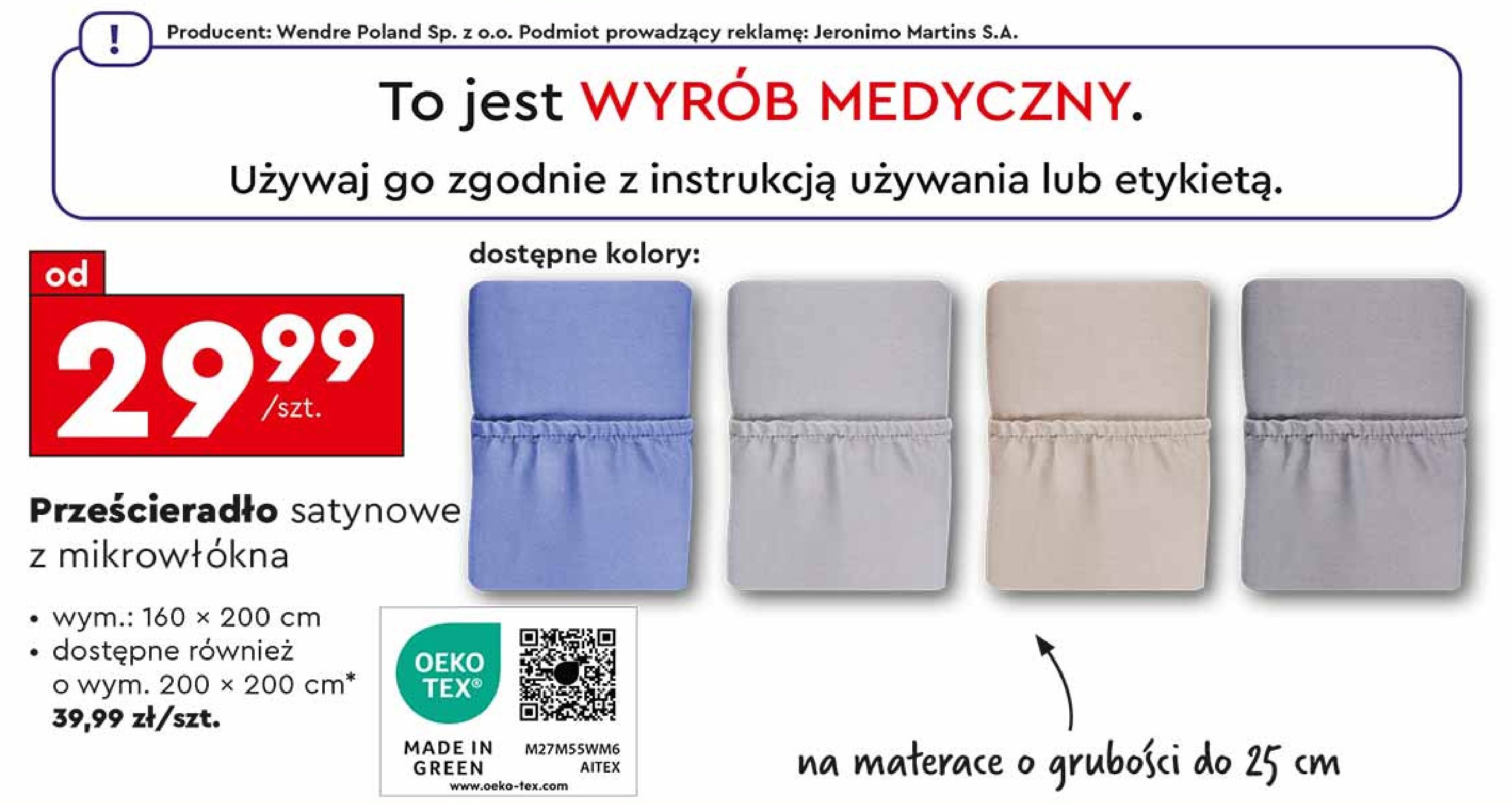 Prześcieradło satynowe 160 x 200 cm Smukee promocja w Biedronka