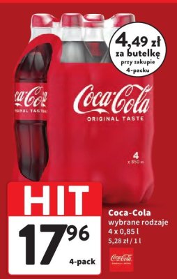 Coca-Cola wybrane rodzaje 4 x 0,85 l promocja w Intermarche
