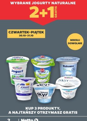 Wybrane jogurty naturalne 2+1 GRATIS promocja w Netto
