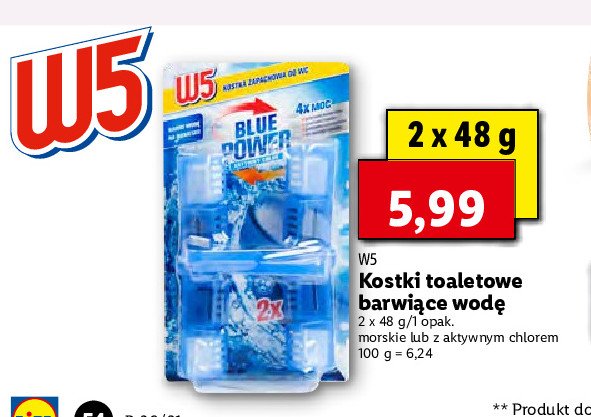 Kostka toaletowa barwiąca wodę z aktywnym chlorem W5 promocja
