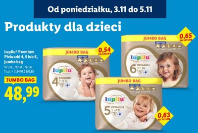 Pieluchy 4 (6-16 kg) Lupilu Premium jumbo bag promocja w Lidl