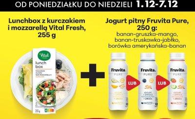 Zestaw Lunchbox z kurczakiem i mozzarellą Vital Fresh 255g + Jogurt pitny Fruvita Pure 250g banan-gruszka-mango lub banan-truskawka-jabłko lub borówka amerykańska-banan promocja w Biedronka