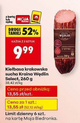 Kiełbasa krakowska sucha Kraina Wędlin Select, 260 g promocja w Biedronka