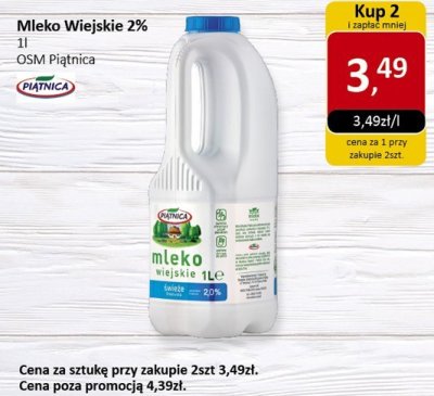 Mleko wiejskie 2% Pi膮tnica promocja w Market Point