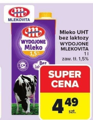 Mleko UHT bez laktozy WYDOJONE MLEKOVITA 1l promocja w Carrefour