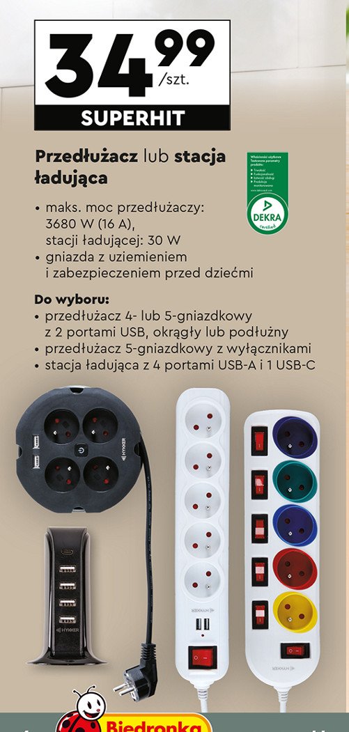 Przedłużacz 5 gniazd 2 porty usb podłużny promocja