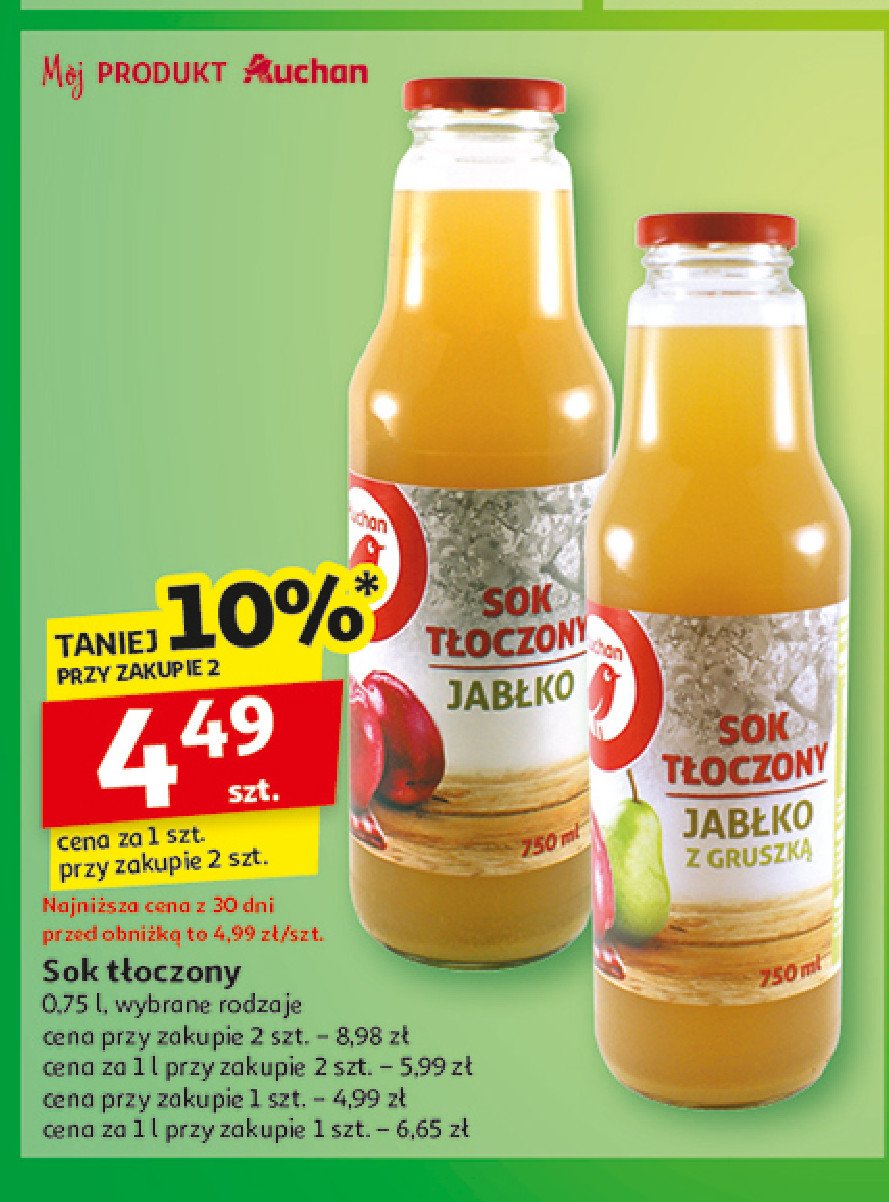 Sok tłoczony z jabłek i gruszek Auchan promocja