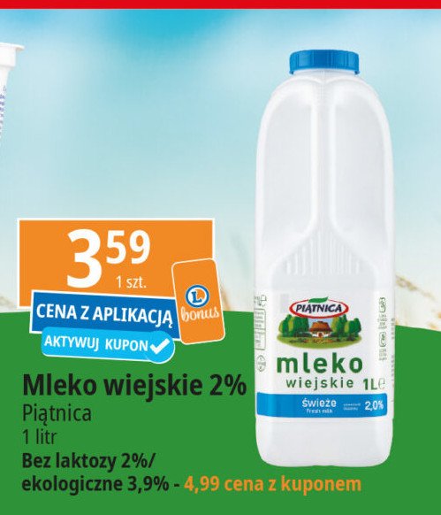 Mleko wiejskie bez laktozy 2% Piątnica promocja