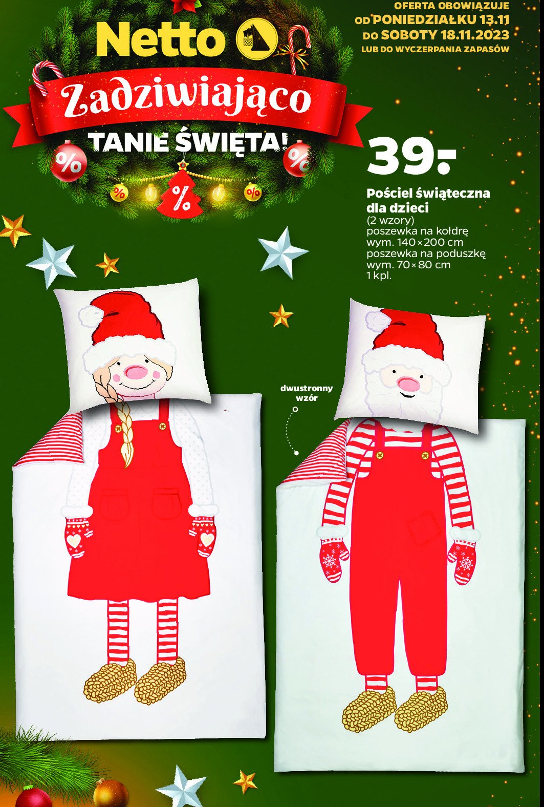 Komplet pościeli świątecznej dla dzieci rozm. 140 x 200 cm + 1 x 70 x 80 cm mikołajka promocja