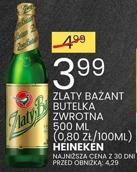 Piwo ZŁATY BAŻANT butelka zwrotna 500 ml (0,80 ZŁ/100ML) HEINEKEN promocja w Wafelek
