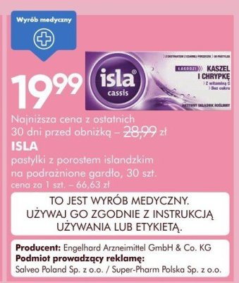 Pastylki z porostem islandzkim na podrażnienie gardło ISLA cassis promocja w Super-Pharm