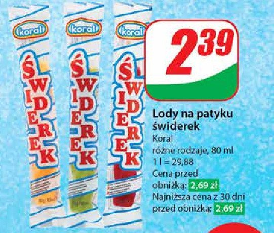 Lody waniliowe w polewie sorbetowej truskawkowej Koral świderek promocja w Dino