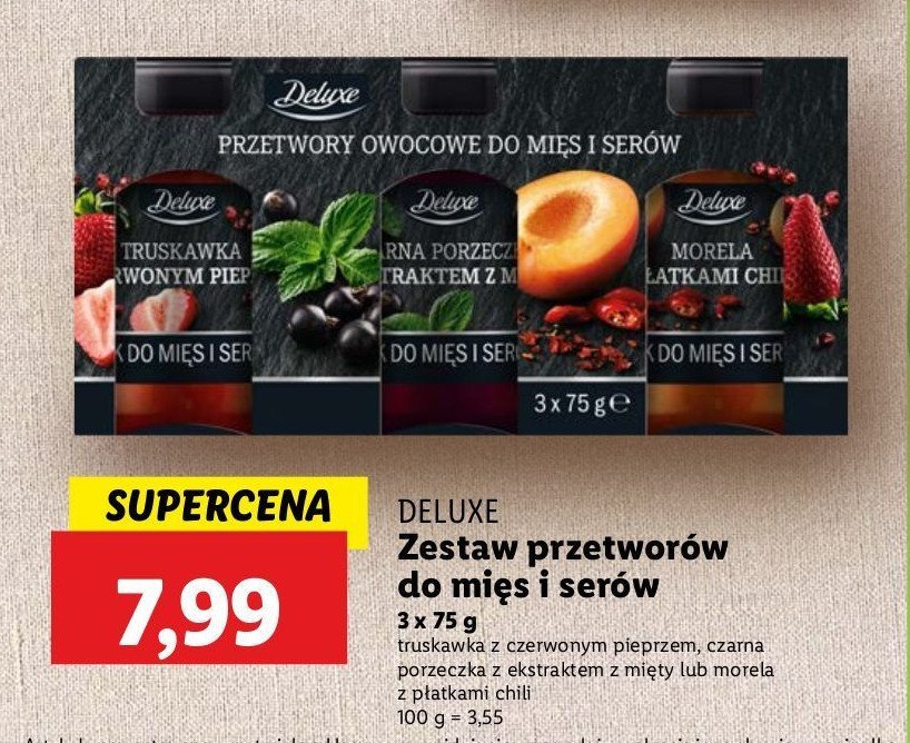 Zestaw konfitur morela z płatkami chilli + truskawka z czerwonym pieprzem + czarna porzeczka z ekstraktem z mięty Deluxe promocja