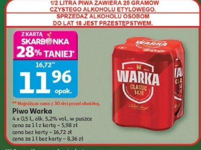 Piwo Warka 4 x 0,5 l alk. 5,2% vol. w puszce promocja w Auchan