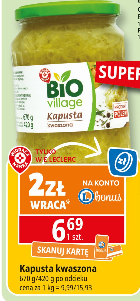 Kapusta kwaszona Wiodąca marka bio village promocja w Leclerc