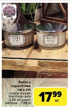 Świeca w szkle white musk Em&em promocja w Carrefour Market